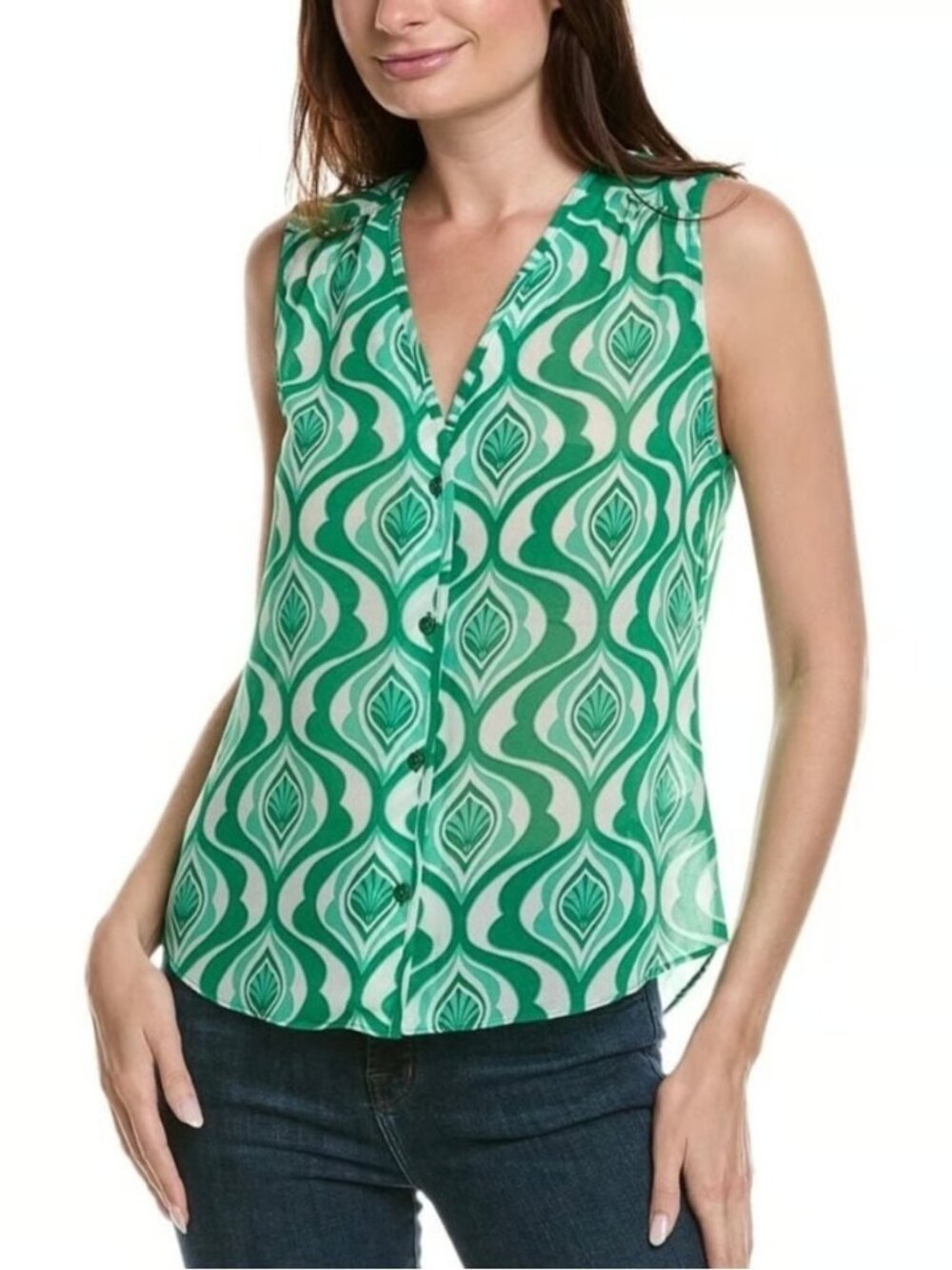 Cabi scroll blouse top shirt button sleeveless green white lightweight new XL